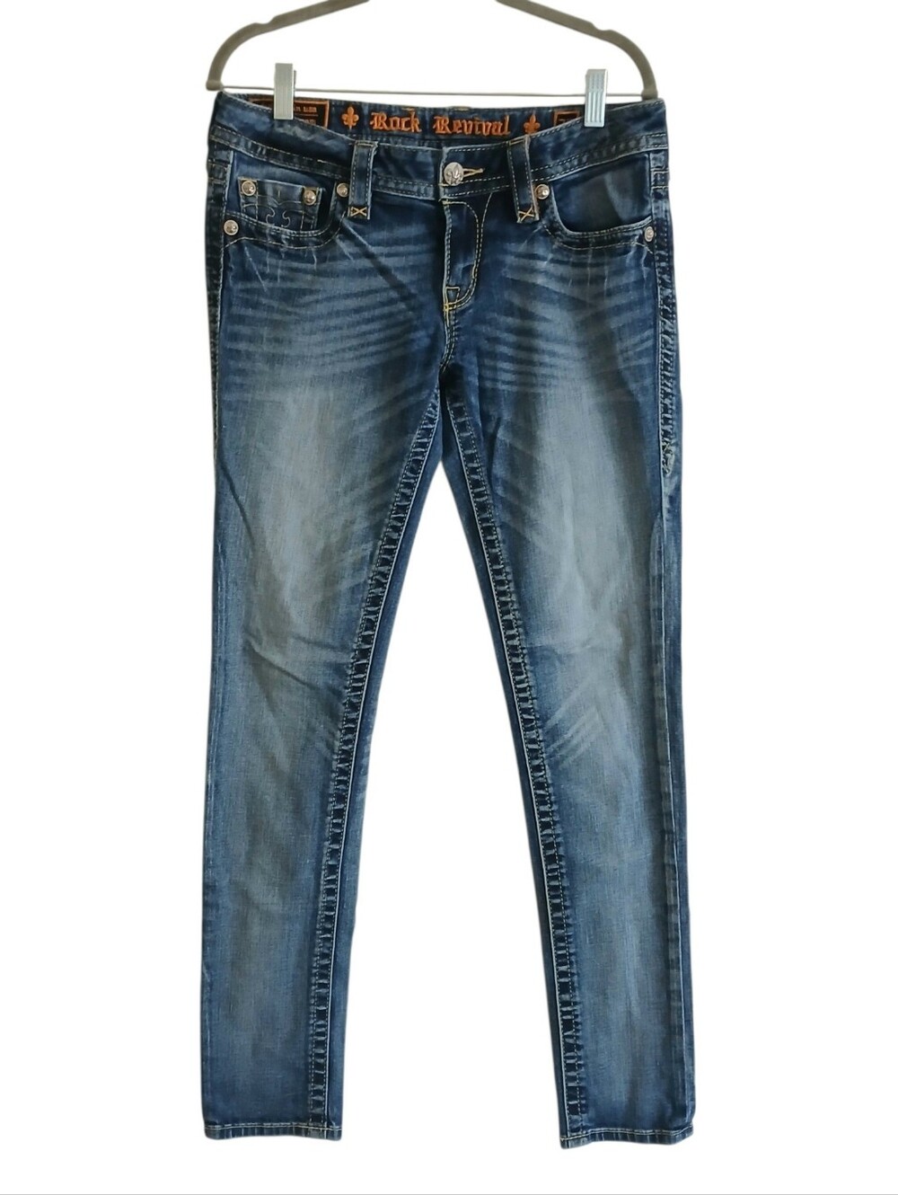 ROCK REVIVAL Y2K Jessica Fleur De Lis Flap Pocket Skinny Jeans 29 Low Rise